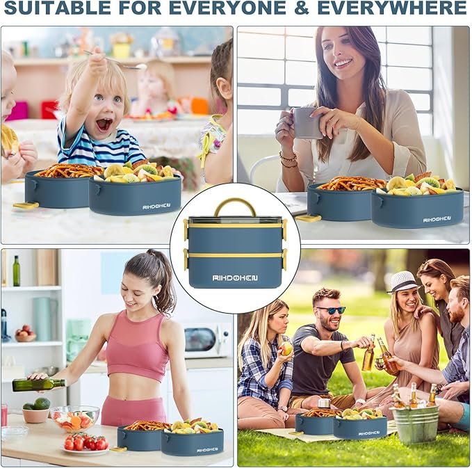 Lunch Box, Stackable 2 Layers Containers, Portable 64OZ Large Capacity Leakproof Bento Box with Spoon & Fork & Sauce Boxes, Microwave Safe Lunch Box for Kids and Adults