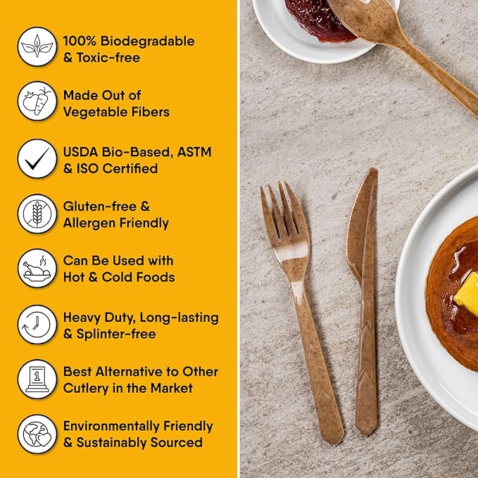 100% Biodegradable Cutlery Made of Vegetable Fibers, 300 PCS of 6.7” Long Heavy-Duty and Splinter Free Eco-Friendly Spoons, Forks & Knives, Perfect Sustainable Cutlery by The Veggie Straws