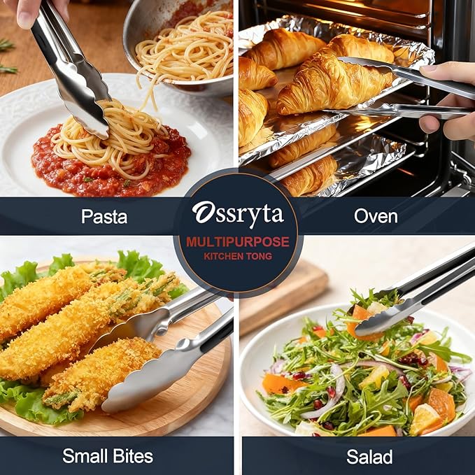 Small Cooking Tong Set of 3 - Mini 7 Inch Stainless Steel Locking Tongs, Heat Resistant to 600°F, Food Grade Kitchen Metal Tong for Food, Salad, Pasta, Steaks, Vegetables - Dishwasher Safe