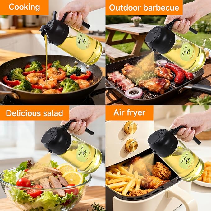 Oil Sprayer for Cooking,470ml Cooking Olive Oil Sprayer and Oil Dispenser 2 In 1, Food-grade Glass Oil Spray Bottle Mister for Air Fryer, BBQ, Griddle (Black+transparent glass and color label)
