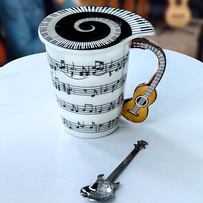 Guitar Novelty Mug Unique Musical Gift Coffee Cup with Cool Music Themed Lid & Guitar Handle Design & Guitar Spoon, Great Gifts for Music Teachers,&guitarLoversfor Holidays,Fathers Day,Men,Woman