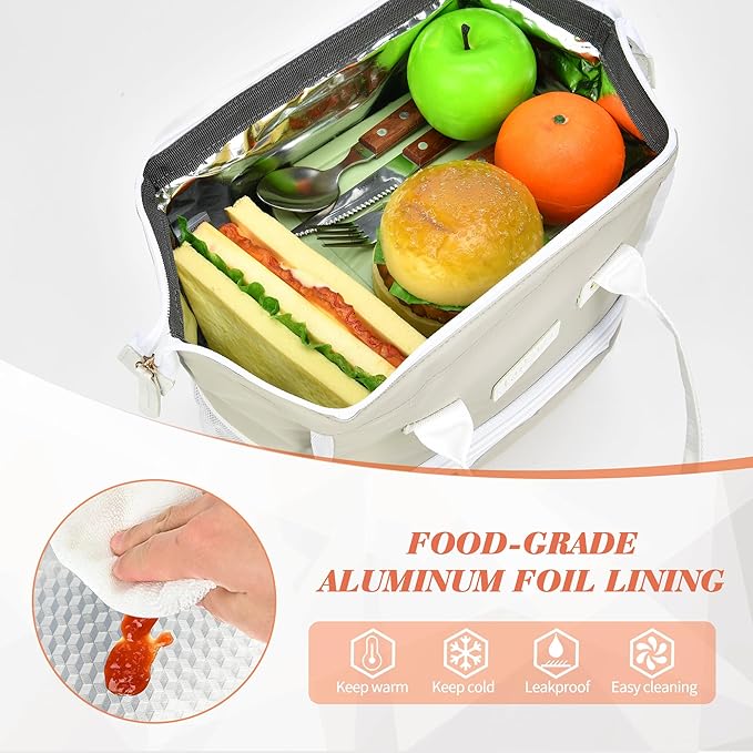 LOKASS Lunch Bag Women Insulated Lunch Box Wide-Open Lunch Tote Bag Large Waterproof Cooler Bag for Work Picnic Hiking Beach（Beige）