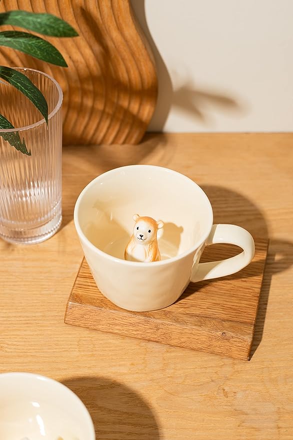 DIHOclub Bear Ceramic Cup Hidden 3D Animal Inside Mug,Cute Cartoon Handmade Figurine Mugs,Holiday and Birthday Gift for Coffee Milk Tea Lovers,12 OZ(Cream Color)