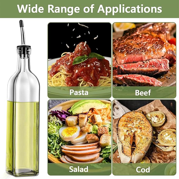 Olive Oil Dispenser Bottle, 1 Pcs Glass Olive Oil Dispenser and Vinegar Dispenser Set with 2 Stainless Steel Pourers, 2 Labels,1 Brush and 1 Funnel Oil Bottles for Kitchen (500ml)