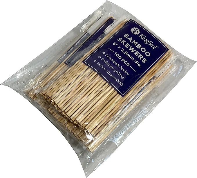 400 Count | KingSeal Natural Bamboo Wood Grilling Skewers for Shish Kebabs, BBQ, and Fruit Arrangements, 6 Inch x 2.5mm Diameter - 4 Packs x 100 Skewers