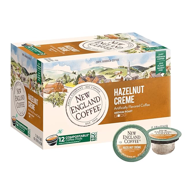 New England Coffee Hazelnut Crème Medium Roast Single Serve Pods, 12ct Box (Pack of 1)