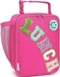 FlowFly Lunch box Insulated Soft Bag Mini Cooler Back to School Thermal Meal Tote Kit With Buckle and Mesh Side Pocket for Girls, Boys, RoseRedWithLetter
