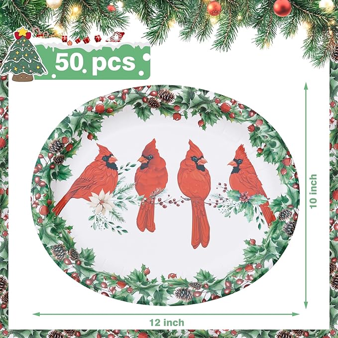 WDF 50Pack Christmas Paper Plates - 10" x 12" Oval Winter Paper Plates/Christmas Plates Disposable - Christmas Dinner Plates Disposable Platter Heavy Duty for Happy Christmas Serving Tray