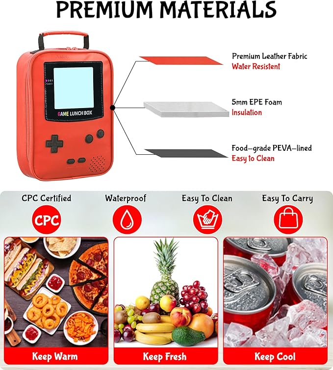 Boy Lunch Box,Kids Lunch Bag Insulated Leather Game Lunch Box for School Thermal Meal Cooler Lunch Boxes for Boy Girl Kid Toddler Teen