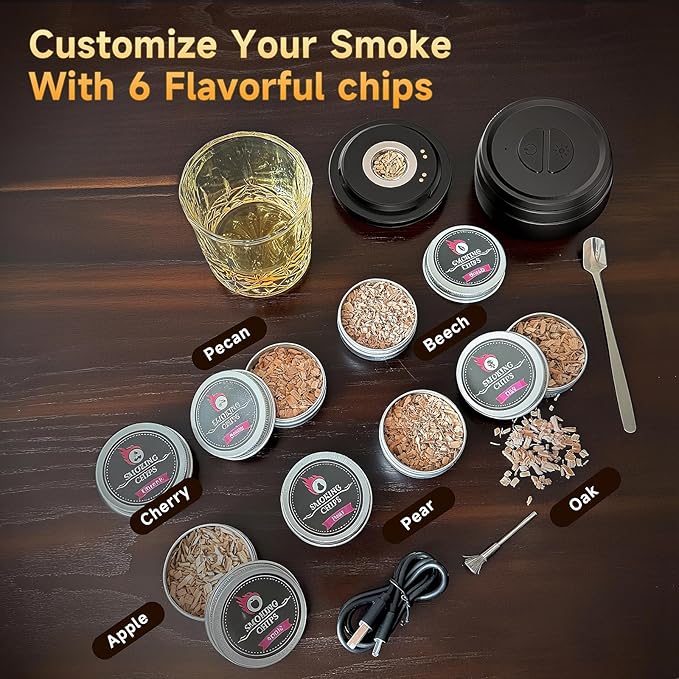 Electric Whiskey Smoker Kit Built-in Lighter, Rechargeable Old Fashioned Cocktail Bourbon Drink Smoker kit with 6 Wood Chips Birthday Gifts for Men Dad Husband Boyfriend Mens