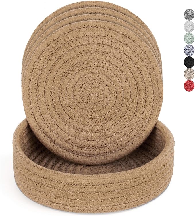 Trivets for Hot Dishes, Pots and Pans, Hot Pads with Storage Basket, Pot Holders for Kitchen, Heat Resistant Mat Protect Counter Home Essentials, Farmhouse Decor (Khaki 4 PCS)