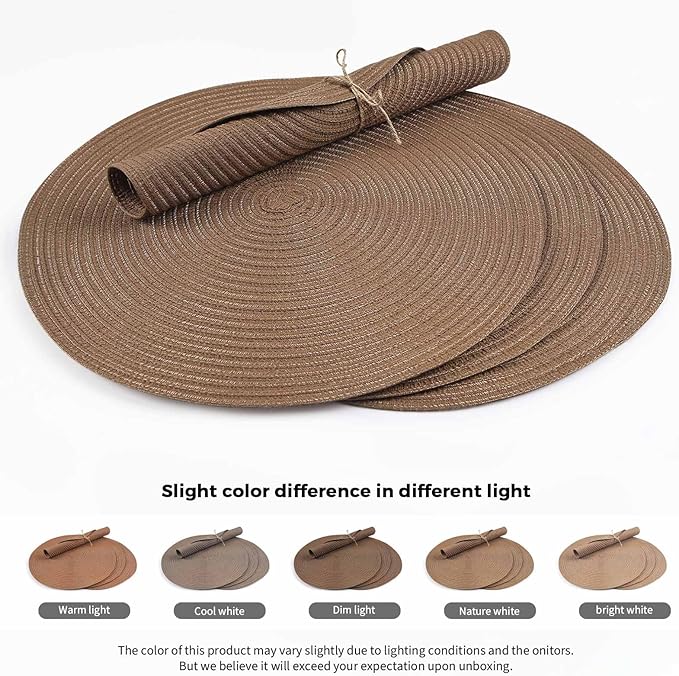 FunWheat Round Braided Placemats Set of 6 Place mats for Dining Tables Woven Heat Resistant Table Mats 15 inch (Brown,6pcs)