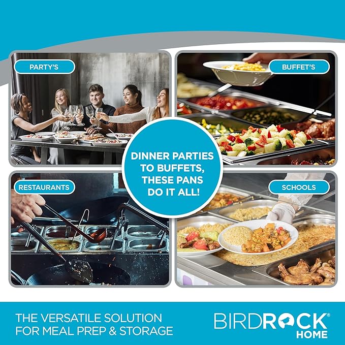 BIRDROCK HOME Stainless Steel Steam Table Pan - Hotel, Restaurant & Catering Supplies - 24 Gauge Steel, 14 qt Capacity - Meal Prep, Cooking, & Food Storage Container - 4" Depth, Full-Size (6 Pack)