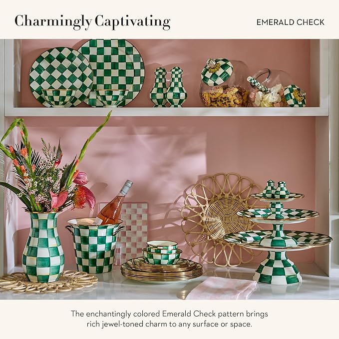 MACKENZIE-CHILDS Enamel Pedestal Platter, Round Cake Stand, Small, Green-and-White Emerald Check