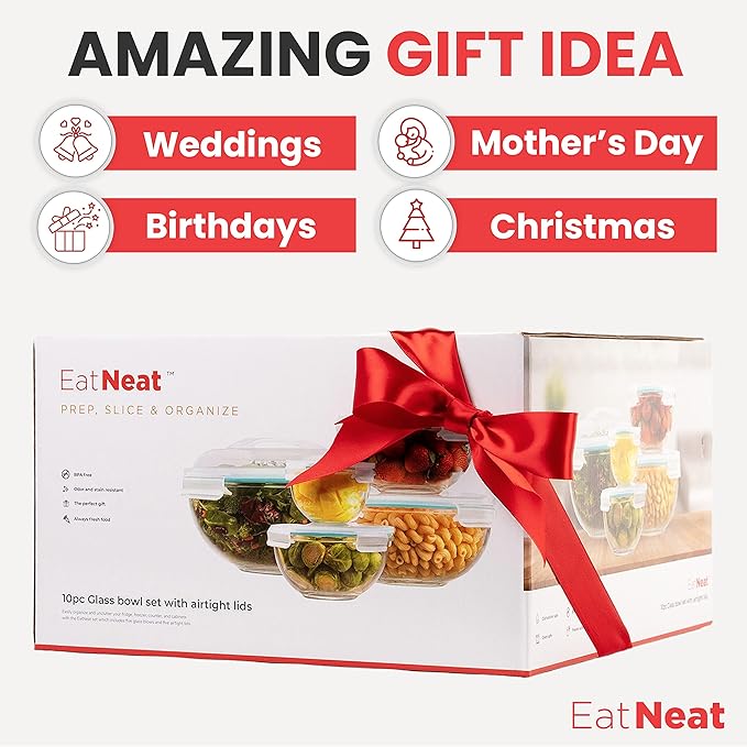 EatNeat 5‑Piece Glass Food Storage Bowl Set with Locking Lids – Airtight, Nesting, Stackable Bowls – Oven, Microwave Safe – Great Gift for Meal Prep, Salads, Leftovers, Baking & Cooking