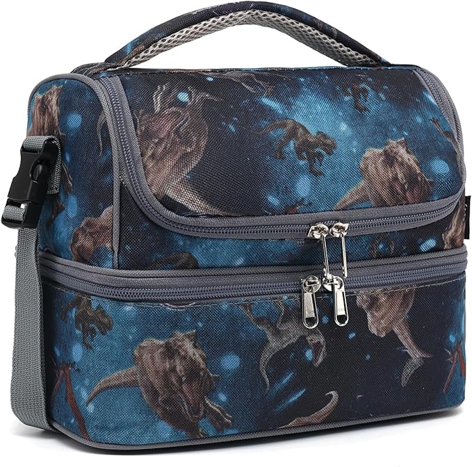 FlowFly Double Decker Cooler Insulated Lunch Bag Large Tote for Boys, Girls, Men, Women, With Adjustable Strap, MyDinosaur