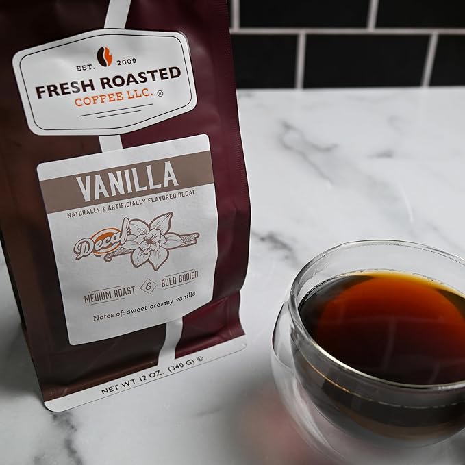 Fresh Roasted Coffee, Decaf Vanilla Flavored Coffee, 12 oz, Medium Roast, Kosher, Whole Bean