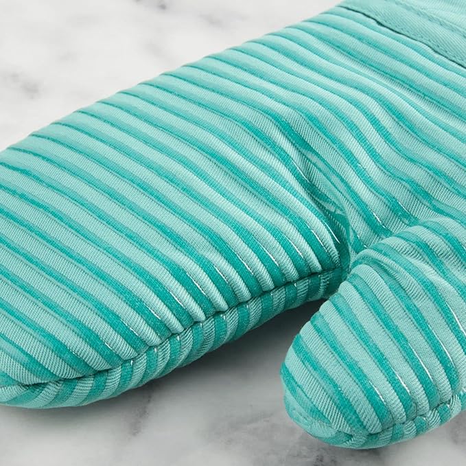 KITCHENAID Quilted Cotton Terry Cloth Oven Mitt, Pot Holder, Kitchen Towel 4-Pack Set, Heat Resistant, Silicone Grip, 16"x26", 7"x13" & 7"x10", Aqua Sky