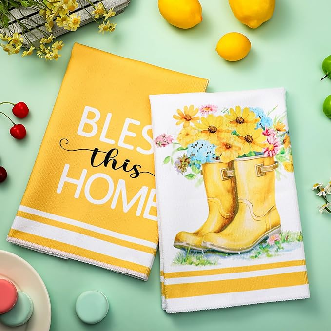 Boyiee Set of 6 Yellow Flower Kitchen Towels Decorative Floral Tea Towels Absorbent Home Dish Towels 24 x 16 Inch Truck Reusable Hand Towel Housewarming Gift for Farmhouse Kitchen Bathroom Decoration