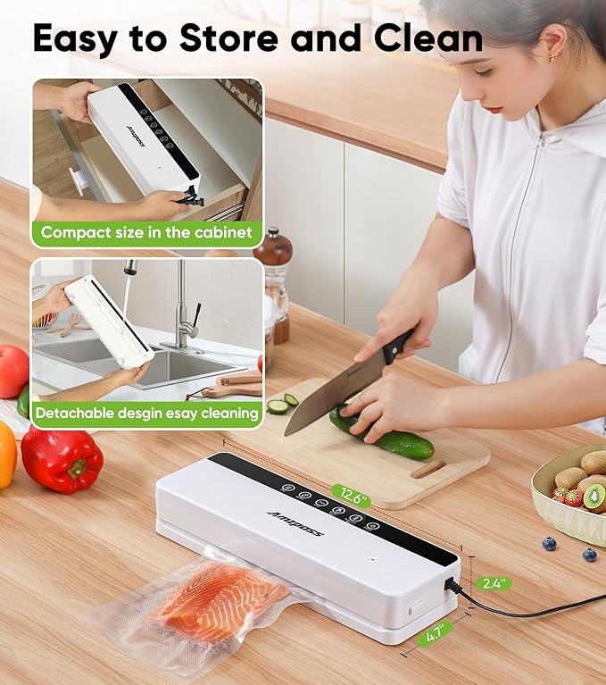 Vacuum Sealer for Food, 6-in-1 Food Vacuum Sealer Machine, 80kpa Suction Power Food Sealer Vacuum Sealer, Compact Vacuum Sealers with 10 Vacuum Bags, External VAC for Jars & Containers, White
