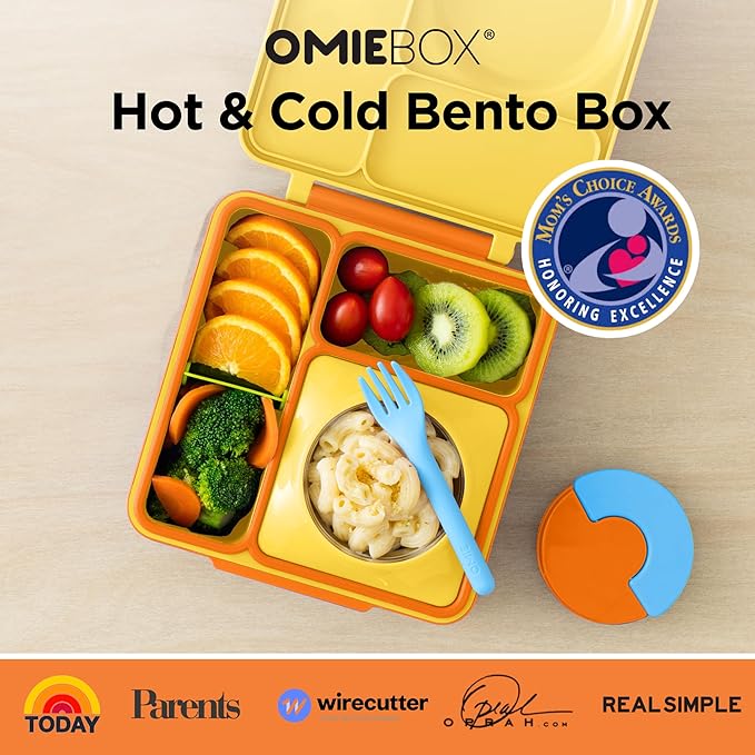 OmieBox Bento Box for Kids - Insulated Bento Lunch Box with Leak Proof Vacuum Insulated Food Jar - 3 Compartments, Two Temperature Zones (Sunshine)