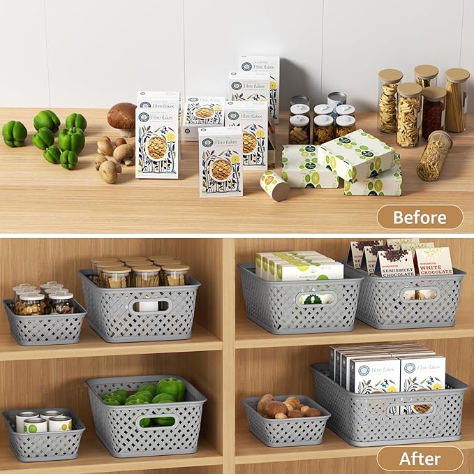 MaxGear Organization and Storage 3 Packs, Plastic Bins Organizer Bins, Woven Baskets for Storage, Plastic Baskets with Handles, Grey Basket for Organizing, Basket Organizer for Home and Office, Large