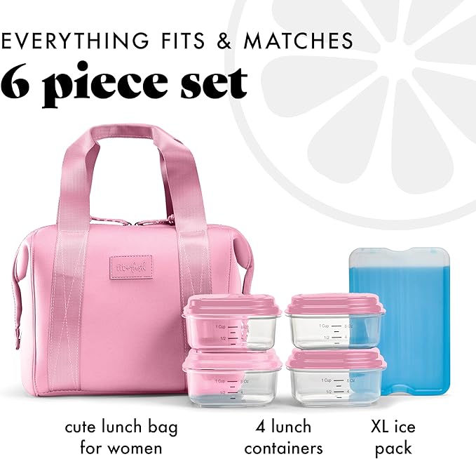 Fit & Fresh Remi Neoprene Lunch Bag For Women - Meal Prep Kit with Containers & XL Ice Pack, Self Insulating Neoprene-like Material, Machine Washable Lunch Bag, Tear-Resistant, Stain-Resistant, Pink