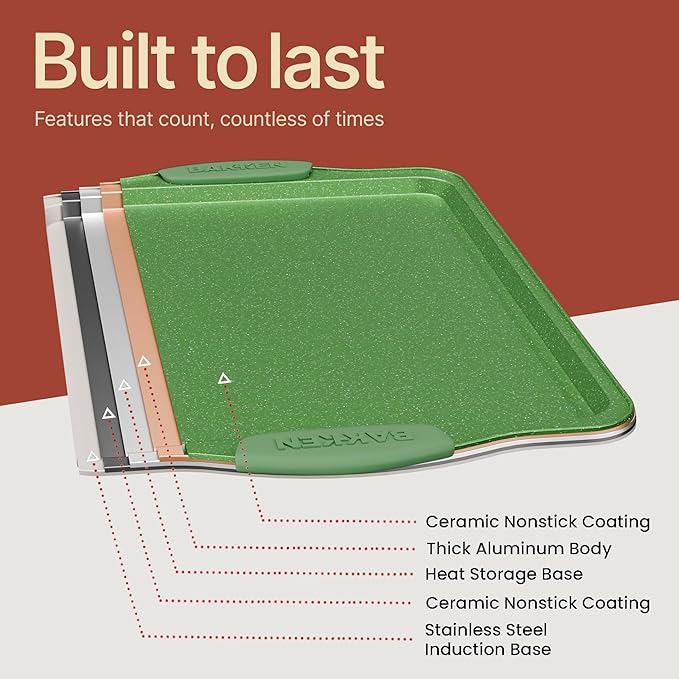 BAKKEN Kitchen Baking Pan Set - Nonstick Green Marble Coating, Carbon Steel Bakeware Sets with Green Silicone Handles, Kitchen Essentials, PFOA, PFOS, PTFE Free, Oven Safe (Up To 450° F), Set of 3
