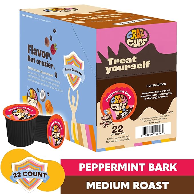 Crazy Cups Peppermint Bark Flavored Coffee pods, Holiday Coffee, Single-Serve Medium Roast Coffee Cups for Keurig K-Cup Machines, Hot or Iced(Pack of 1, 22 Count Total)