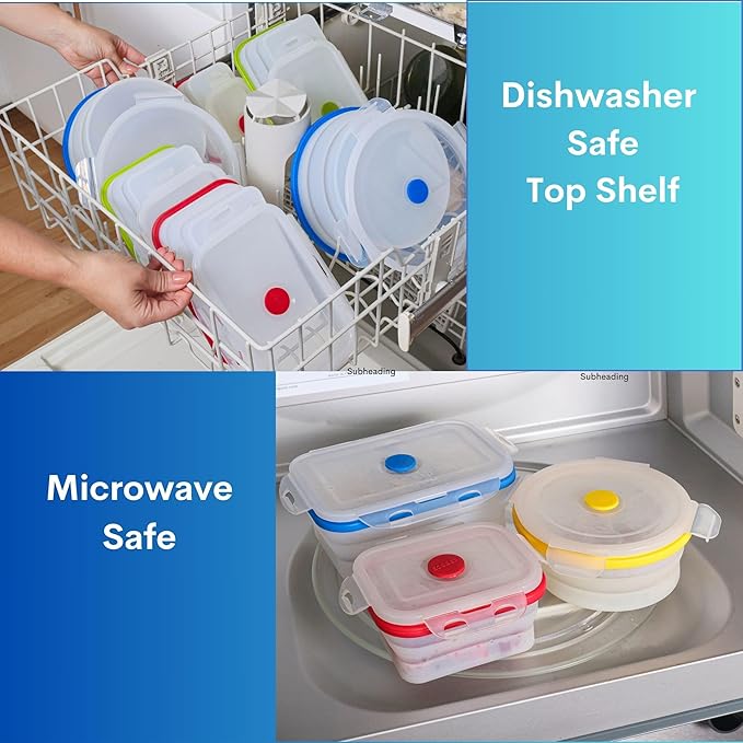 ECOBERI Collapsible Silicone Food Storage Containers, BPA Free, Microwave, Freezer and Dishwasher Safe, Lunch, Meal Prep, Travel, Space-Saving, Set of 5
