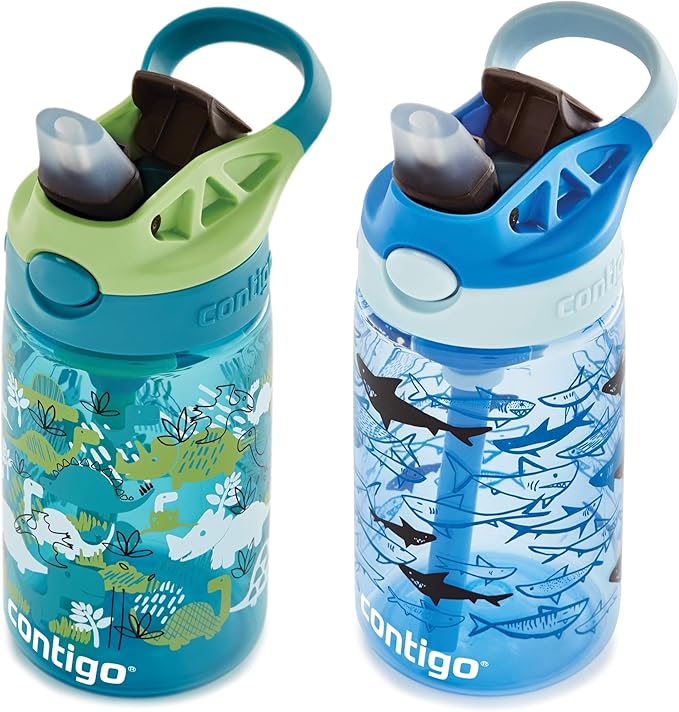 Contigo Aubrey Kids Water Bottle, 2-Pack, 14oz, Dinos & Sharks, Spill-Proof Lid, Dishwasher Safe, Blue & Green