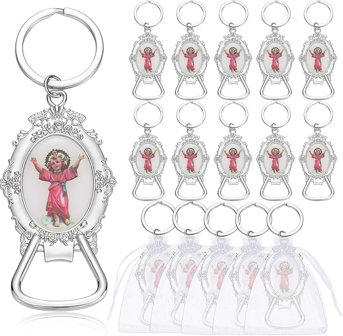 Misdary 12 Pcs Divine Child Jesus Bottle Opener Keychain Catholic Bottle Opener with Organza Baptism Party Favor for Guest