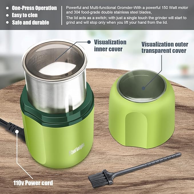 COOL KNIGHT Herb Grinder [large capacity/fast/Electric ]-Spice Herb Coffee Grinder with Pollen Catcher/- 7.5" (Green)