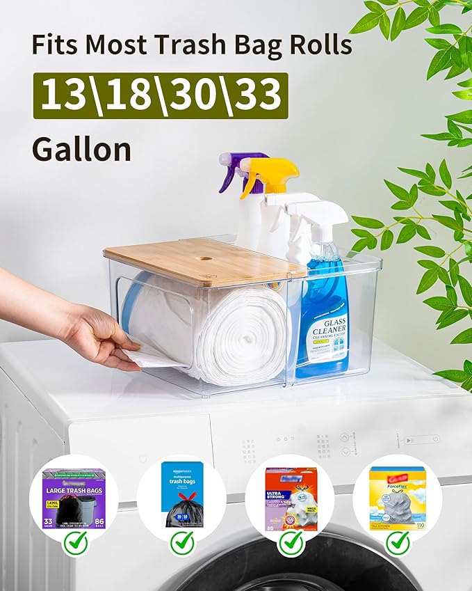 Trash Bag Dispenser Dryer Sheet Holder - 5 in 1 Plastic Garbage Bag Pantry Organizers and Storage, Clear Dishwasher Laundry Pods Container with Bamboo Lid, Under Sink Organizer Powder Detergent Jars