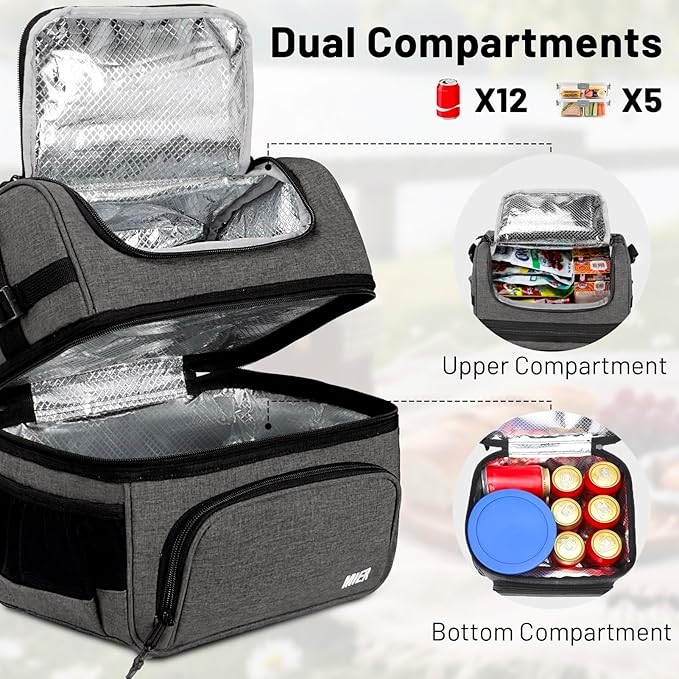 MIER Dual Compartment Lunch Bag Tote with Shoulder Strap for Men and Women Insulated Leakproof Cooler Bag, Grey