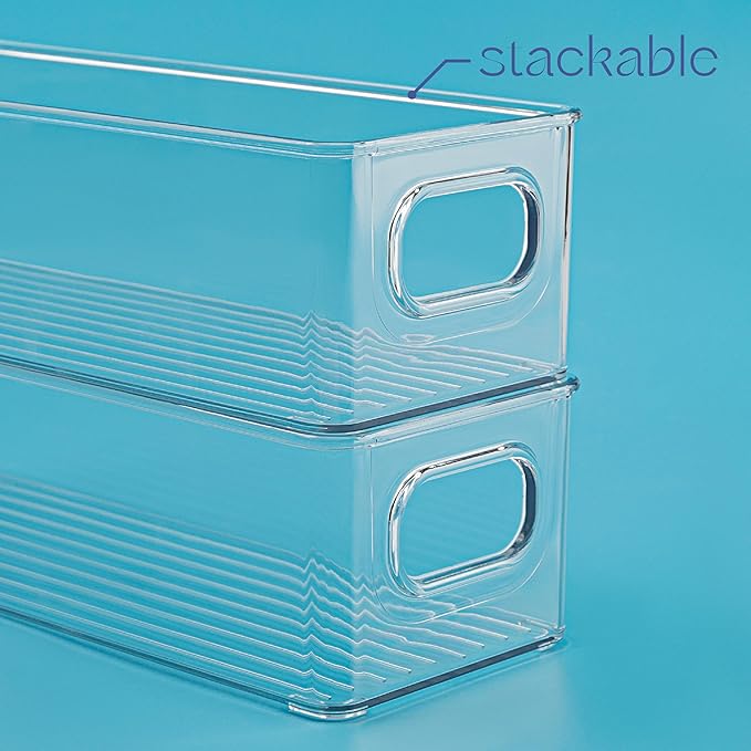 Plastic Food Storage 4 Pack Clear Container Bin with Handles for Organizing Kitchen, Pantry, Fridge, Freezer, Pantry,Bathroom. Stackable. 10"x4"3"
