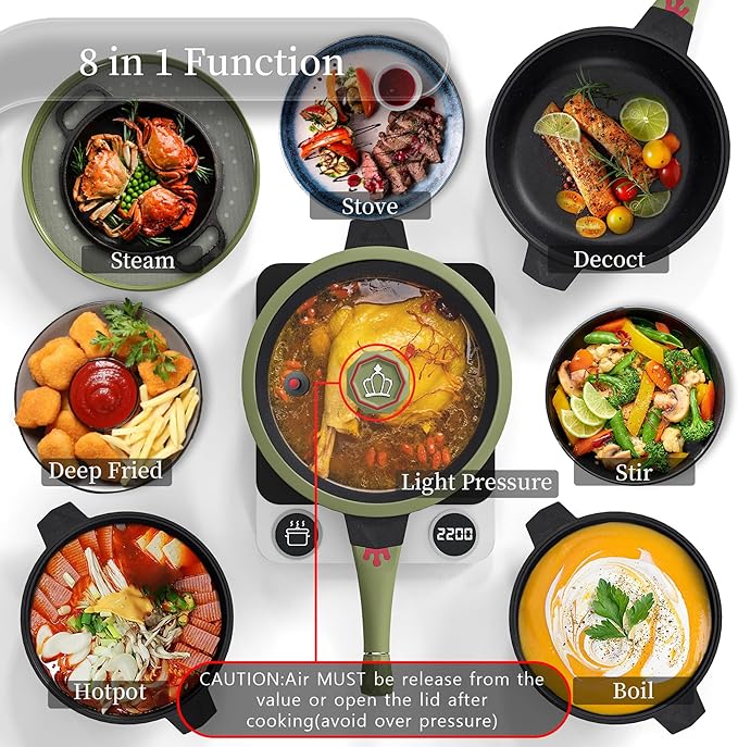 TIBORANG 8 in 1 Multipurpose 11 Inch 5 Quart Heat Indicator Nonstick Deep Frying Pan with Glass Lid,Steamed Grid,PFOA-Free,Dishwasher&Oven Safe,Works with All Stovetops (Olivedrab)