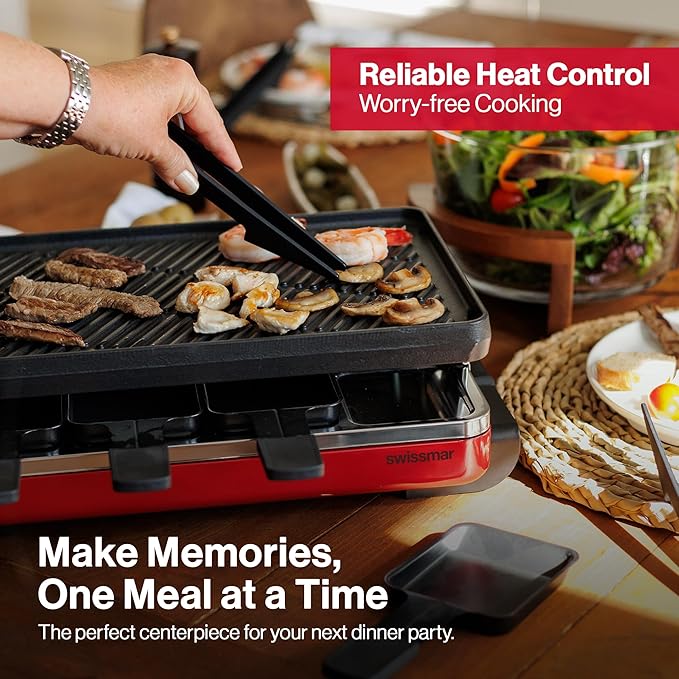 Swissmar Classic 8-Person Raclette Party Grill with Reversible Cast Aluminum Non-Stick Grill Plate/Crepe Top, Indoor Electric Raclette Grill & Griller - Black Grill Plate - Red