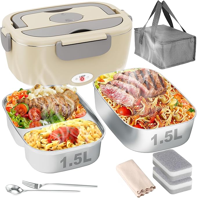 Electric Lunch Box for Men, Women & Adults - 80W Fast Heating - Heated Lunch Box with Dual 1.5L SS Containers - Portable Food Warmer for Car, Truck, Office