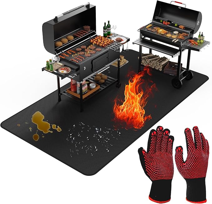 Large 60 x 40 inches Under Grill Mats for Outdoor Grill with BBQ Gloves, Double-Sided Fireproof Grill Pad Mat, Indoor Fireplace/Fire Pit Mat, Waterproof Oil-Proof Protector for Decks and Patios