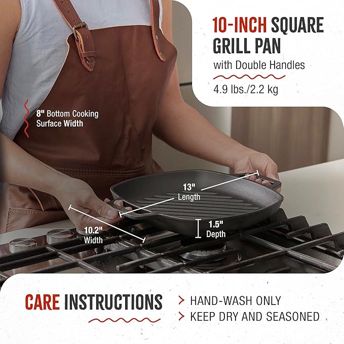 Victoria Cast Iron Square Grill Pan with Double Loop Handles, Made in Colombia, 10 Inches