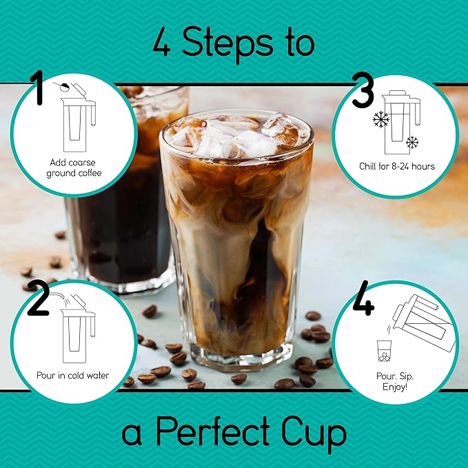 Coffee Gator Cold Brew Coffee Maker - 47 oz Iced Tea and Cold Brew Maker and Pitcher w/Glass Carafe, Filter, Funnel & Measuring Scoop - Black