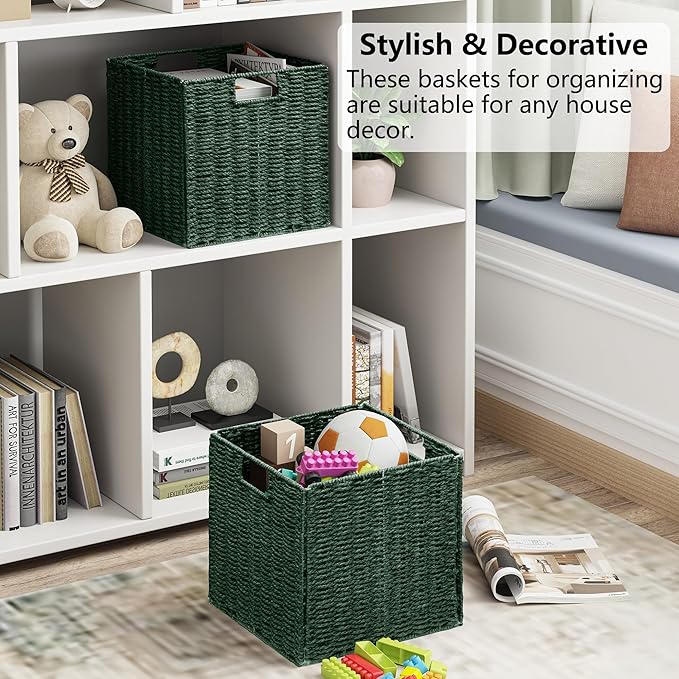Vagusicc Wicker Storage Basket, Set of 2 Hand-Woven Paper Rope Wicker Baskets, Foldable Cube Storage Bins, Square Storage Baskets for Organizing Shelves & Decor, Green (11″×11″×11″)