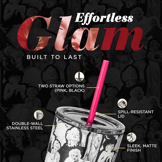 Dragon Glassware x Marilyn Monroe Vacuum Insulated Tumbler with Lid and Straw - 24 oz Tumbler Cup with 2 Straws - Stainless Steel Tumbler with Straw for Water, Iced Tea