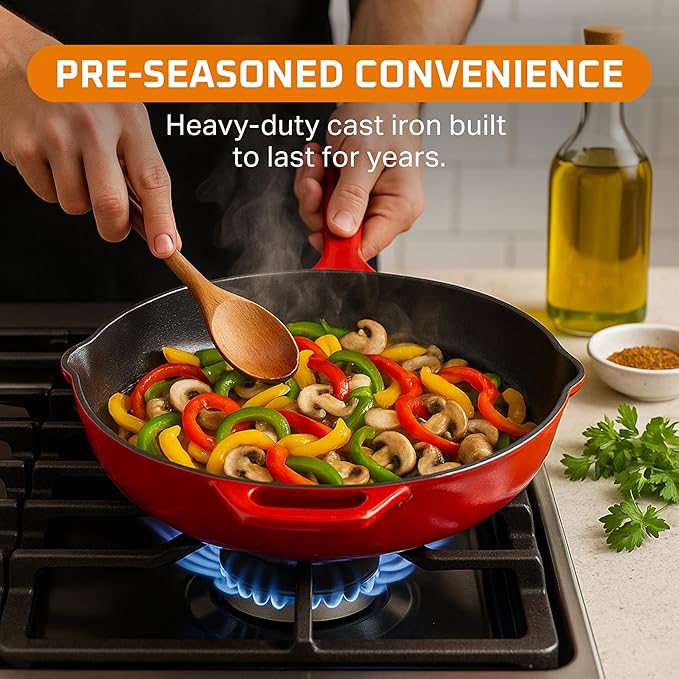 Bruntmor 12-Inch Enameled Cast Iron Skillet - Pre-Seasoned Frying Pan for Cooking, Grilling, and Baking - Smooth Nonstick Cast Iron Pan - Oven Safe and Durable Cookware for Versatile Use - Red