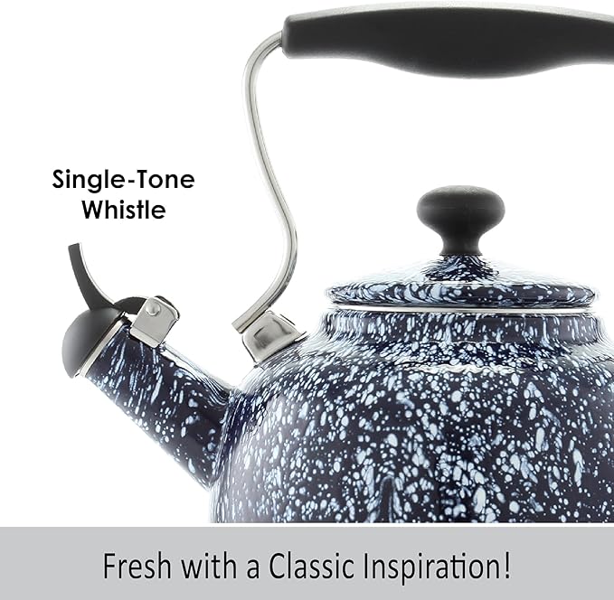 Chantal Tea Kettle, Vintage Series, Enamel on Steel, Whistling (White Splatter on Blue)
