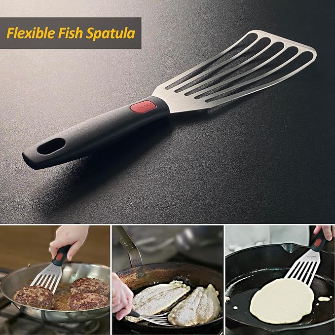 Stainless Steel Spatula Set with Heat Resistant Silicone Handle, VOVOLY Metal Spatulas For Kitchen Use, Thickened Smash Burger Spatula, Fish Flipper, Bench Scraper