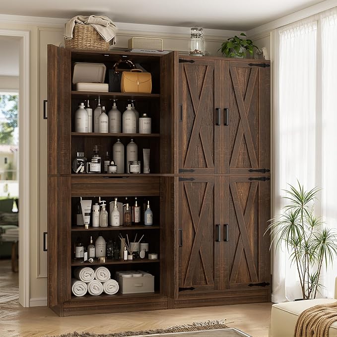 Unikito Kitchen Pantry Cabinet with Farmhouse Barn Doors and Storage Drawer, 8 Adjustable Shelves, Freestanding Tall 71" Cupboard for Dining Room, Living Room, Utility Room, Weathered Brown 2 Pack