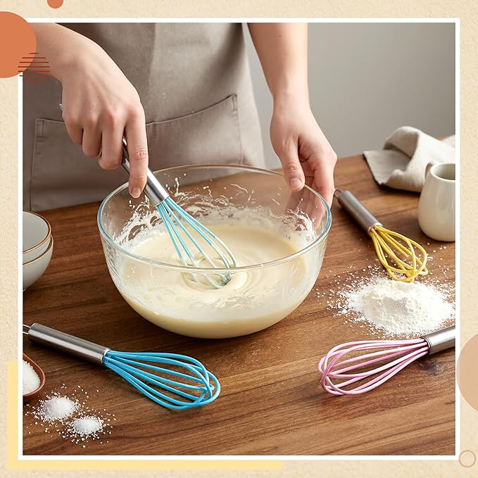 Baderke 12 Pcs 6 Inch Mini Whisks Bulk with Stainless Steel Handles Small Silicone Kitchen Whisks Non Stick Tiny Balloon Wire Whisk for Mixing Stirring Baking Cooking Party Favor Gift(Macaron)