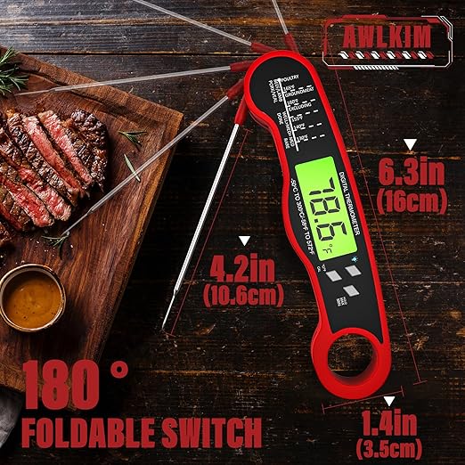Meat Thermometer Digital - Instant Read Waterproof Food Thermometer with Backlight for Cooking, Grill, Candy, Kitchen & Stocking Stuffers for Men - Red